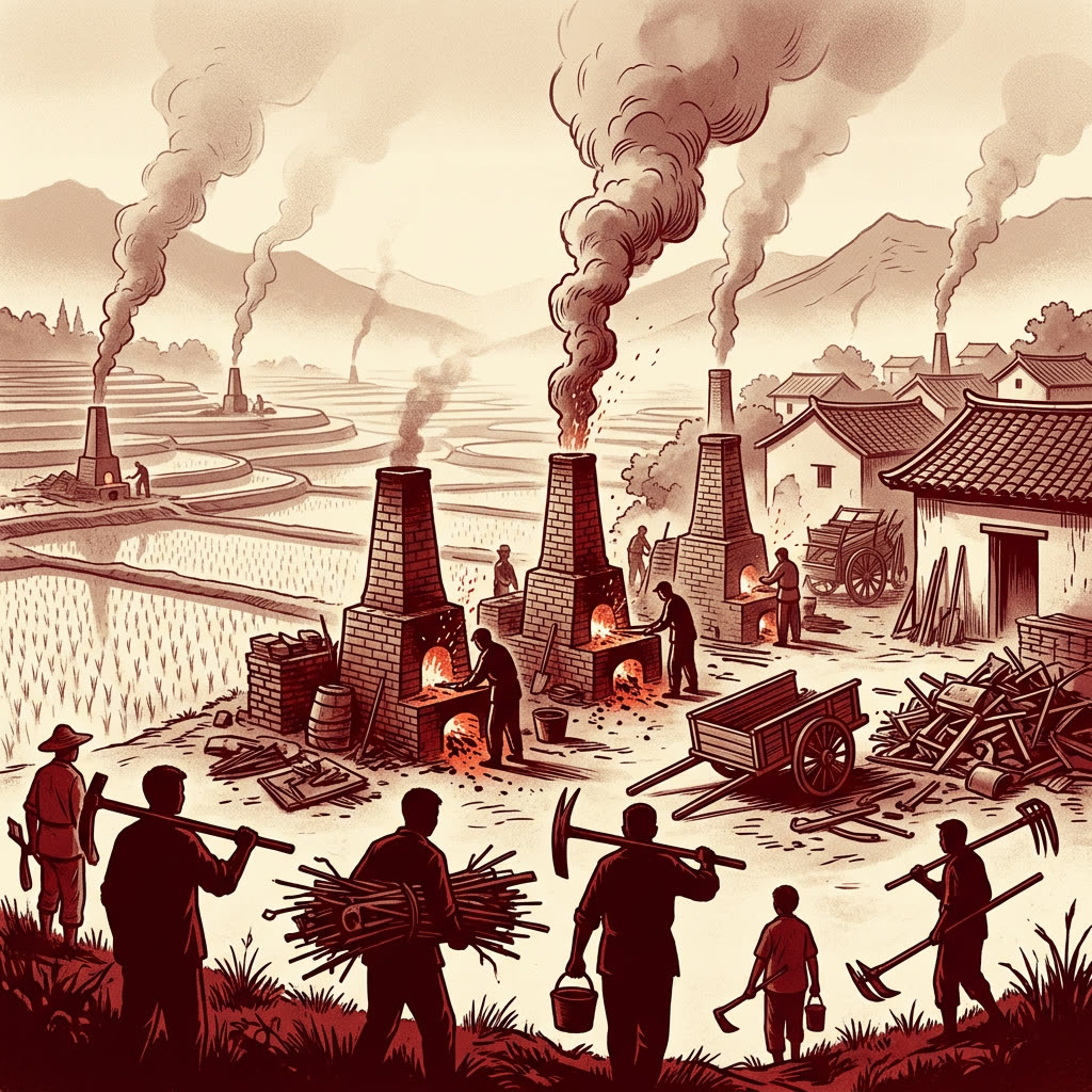 duotone: Stilisierte Szene aus dem ländlichen China der späten 1950er — dezentrale Hinterhof-Stahlöfen einer Volkskommune mit aufsteigendem Rauch, im Vordergrund Bauern beim Schleppen von Werkzeugen, im Hintergrund Reisterrassen unter dichtem Smog