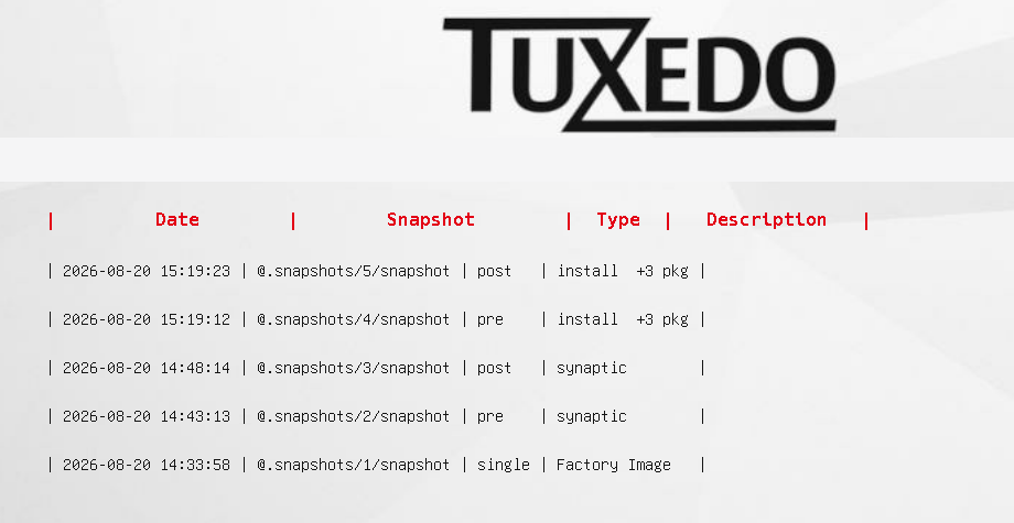 Das GRUB-Snapshot-Menü von TUXEDO OS: eine Tabelle aus fünf Einträgen mit Datum, Snapshot-Pfad, Typ und Beschreibung – zwei Paare aus pre und post sowie der Eintrag „Factory Image" vom Installationszeitpunkt