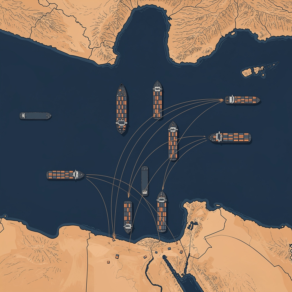 duotone: Stilisierte Karte der Straße von Hormuz mit Handelsschiffen und Geschosstrajektorien von der iranischen Küste