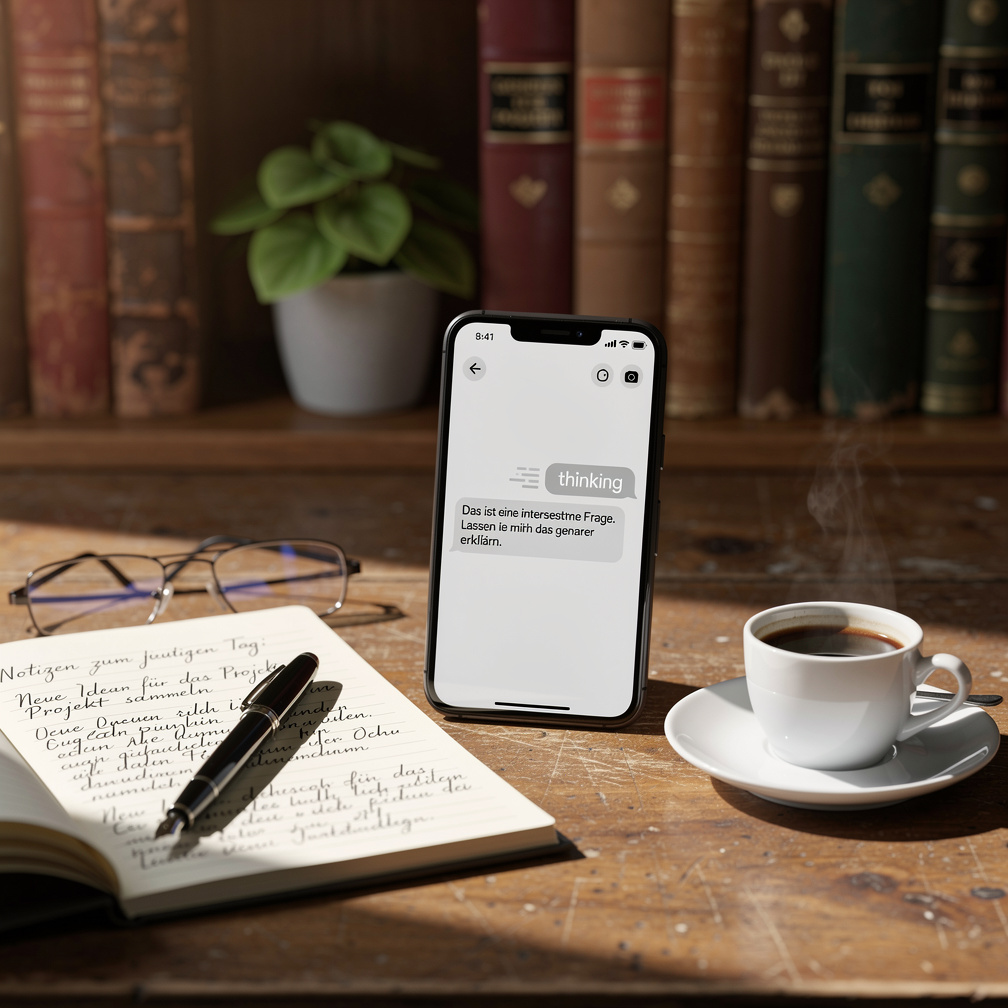 duotone: Smartphone aufrecht auf einem Holzschreibtisch, Display zeigt einen laufenden Chat mit sichtbarem „thinking"-Block, daneben ein offenes Notizbuch mit Füller, eine Lesebrille und eine dampfende Espressotasse, im Hintergrund alte Hardcover-Bücher und eine kleine Zimmerpflanze