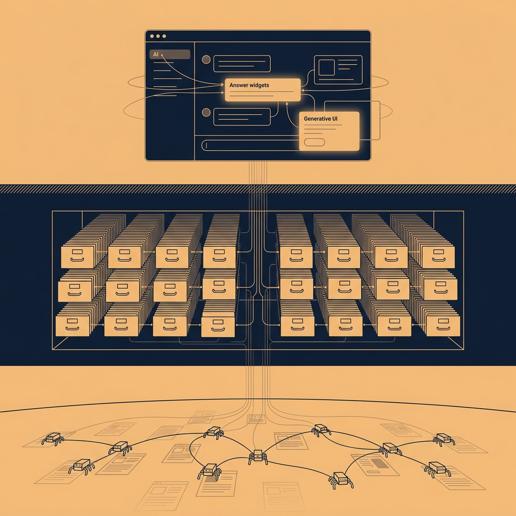duotone: Architektur-Querschnitt der Web-Such-Infrastruktur in drei Schichten — oben ein stilisiertes KI-Konversations-Interface mit Antwort-Widgets, in der Mitte ein unterirdisches Archiv mit Reihen indizierter Seiten als Karteikasten-Schubladen, unten ein Netzwerk kleiner Crawler-Agenten, die verstreute Web-Seiten abtasten; verbunden durch dünne vertikale Daten-Linien