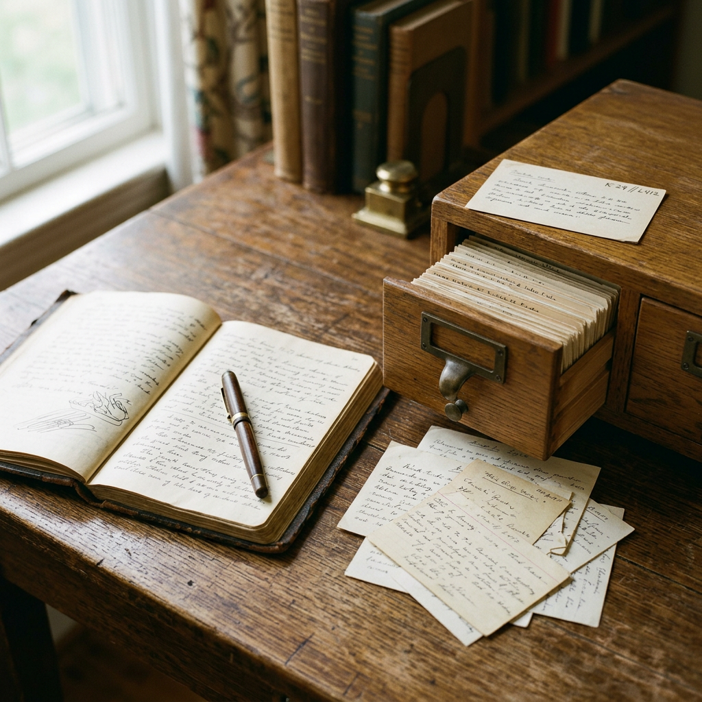 duotone: Offenes Notizbuch und hölzerner Zettelkasten auf einem Schreibtisch – zwei Etappen derselben Praxis