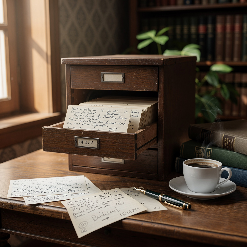 duotone: Hölzerner Karteikasten mit ausgezogener Schublade, dicht gepackt mit handbeschriebenen Karteikarten, daneben dampfende Kaffeetasse, Füllfederhalter und einzelne Karten mit sichtbaren Querverweis-Nummern – Luhmanns Arbeitsgerät